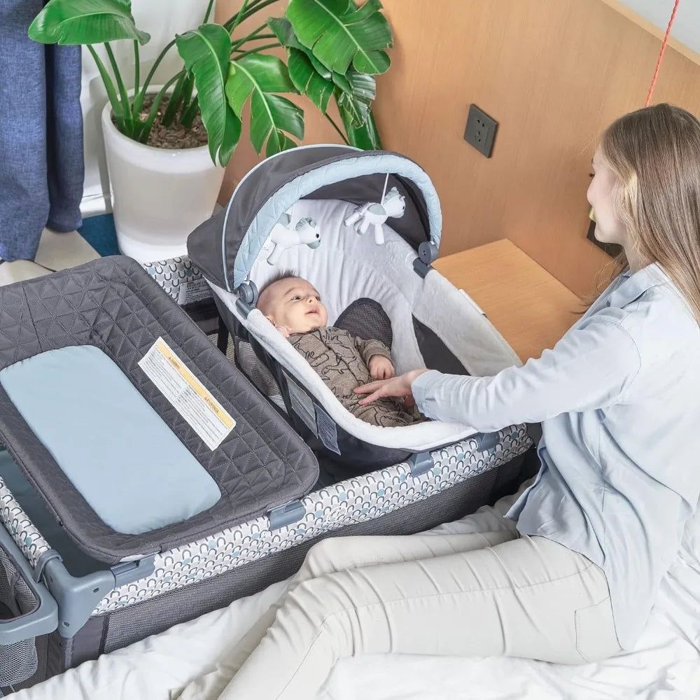 5 in 1 Multifunctional Pack and Play, Foldable Baby Crib with Bassinet, Newborn Napper with Canopy