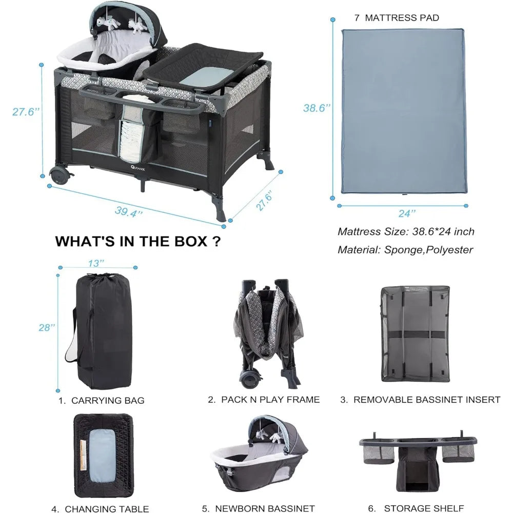 5 in 1 Multifunctional Pack and Play, Foldable Baby Crib with Bassinet, Newborn Napper with Canopy