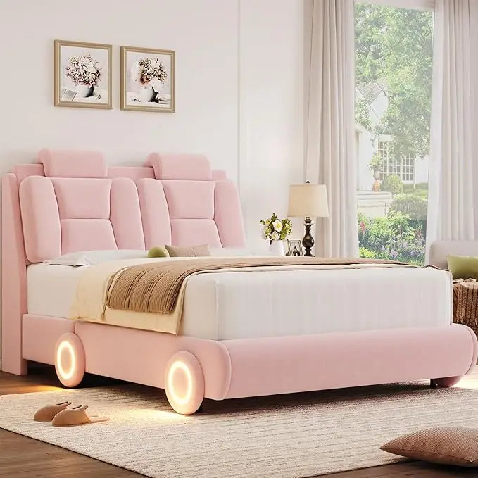 Queen Upholstered Led Bed Frame with Wheels Decor &Adjustable Curved Headboard Modern Car-Shaped Platform Bed Children Furniture