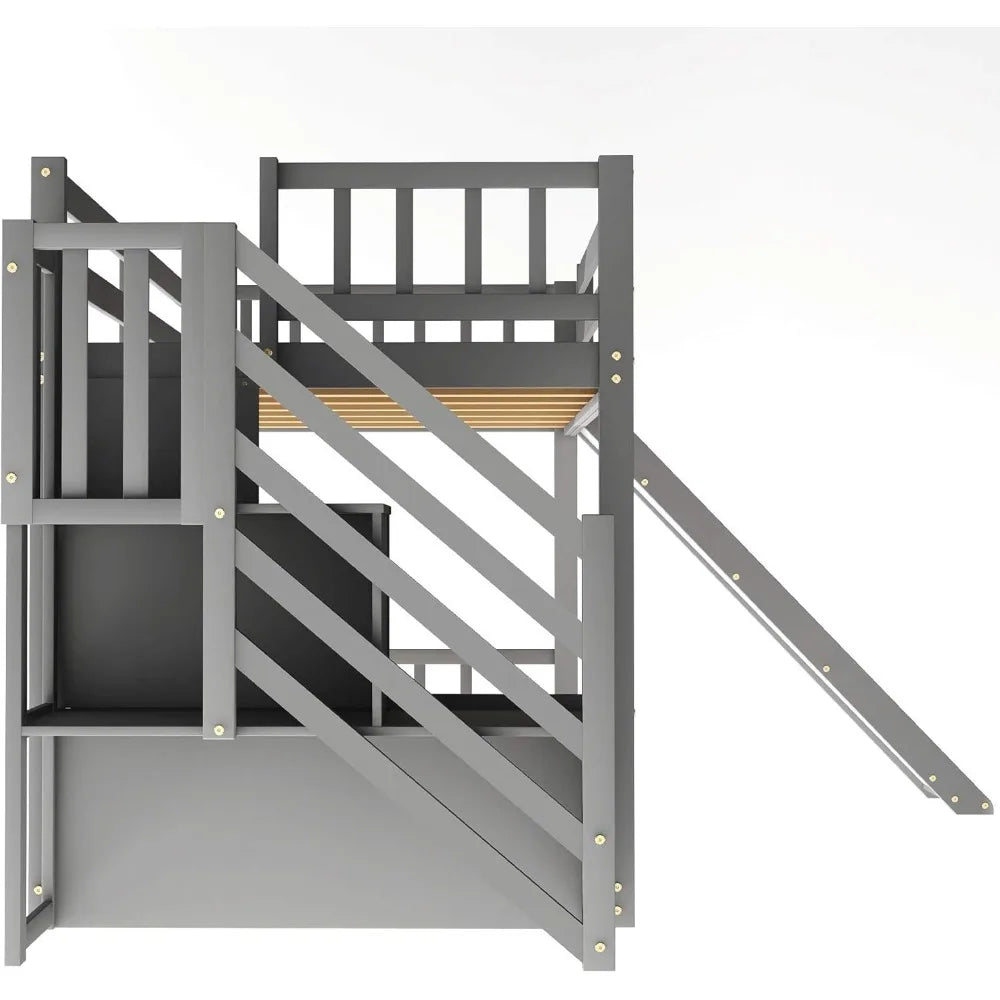 Low Children's Twin Bunk Bed with Slide and Stairs