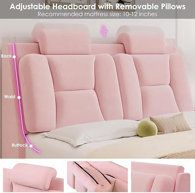 Queen Upholstered Led Bed Frame with Wheels Decor &Adjustable Curved Headboard Modern Car-Shaped Platform Bed Children Furniture
