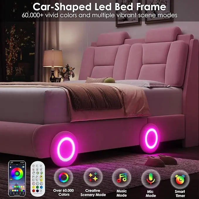 Queen Upholstered Led Bed Frame with Wheels Decor &Adjustable Curved Headboard Modern Car-Shaped Platform Bed Children Furniture