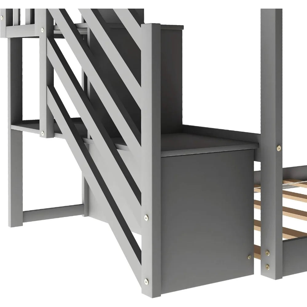 Low Children's Twin Bunk Bed with Slide and Stairs