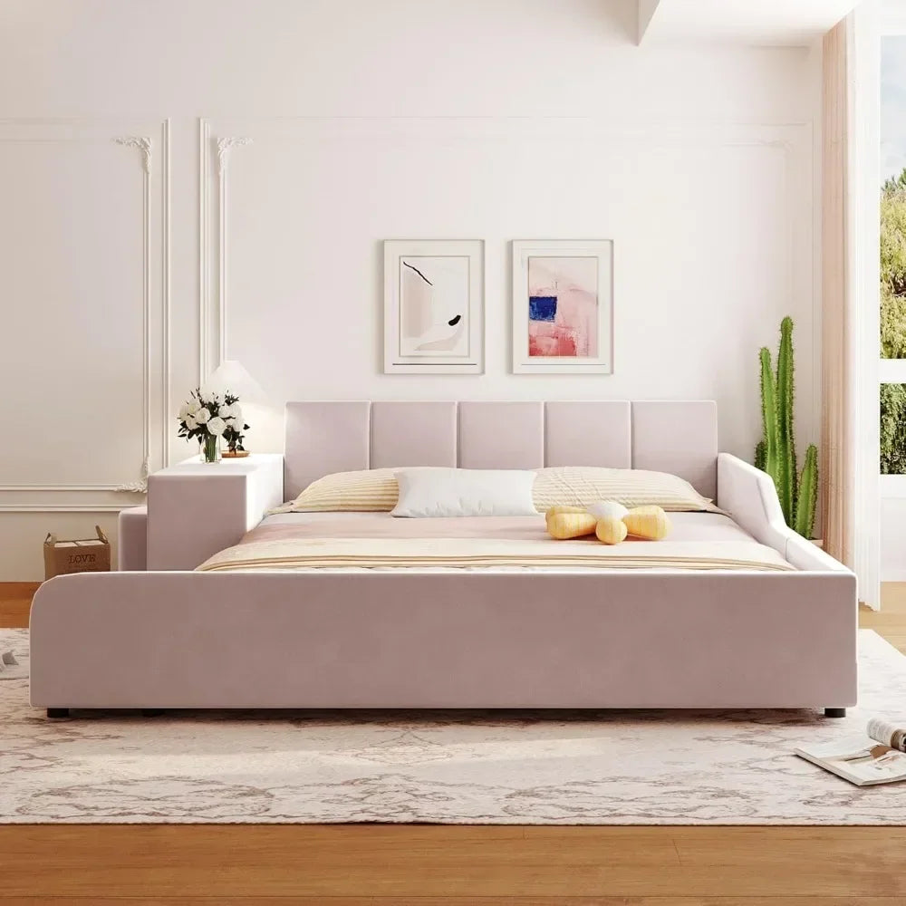 Upholstered Platform Bed, Queen Size, with Bedside Desk