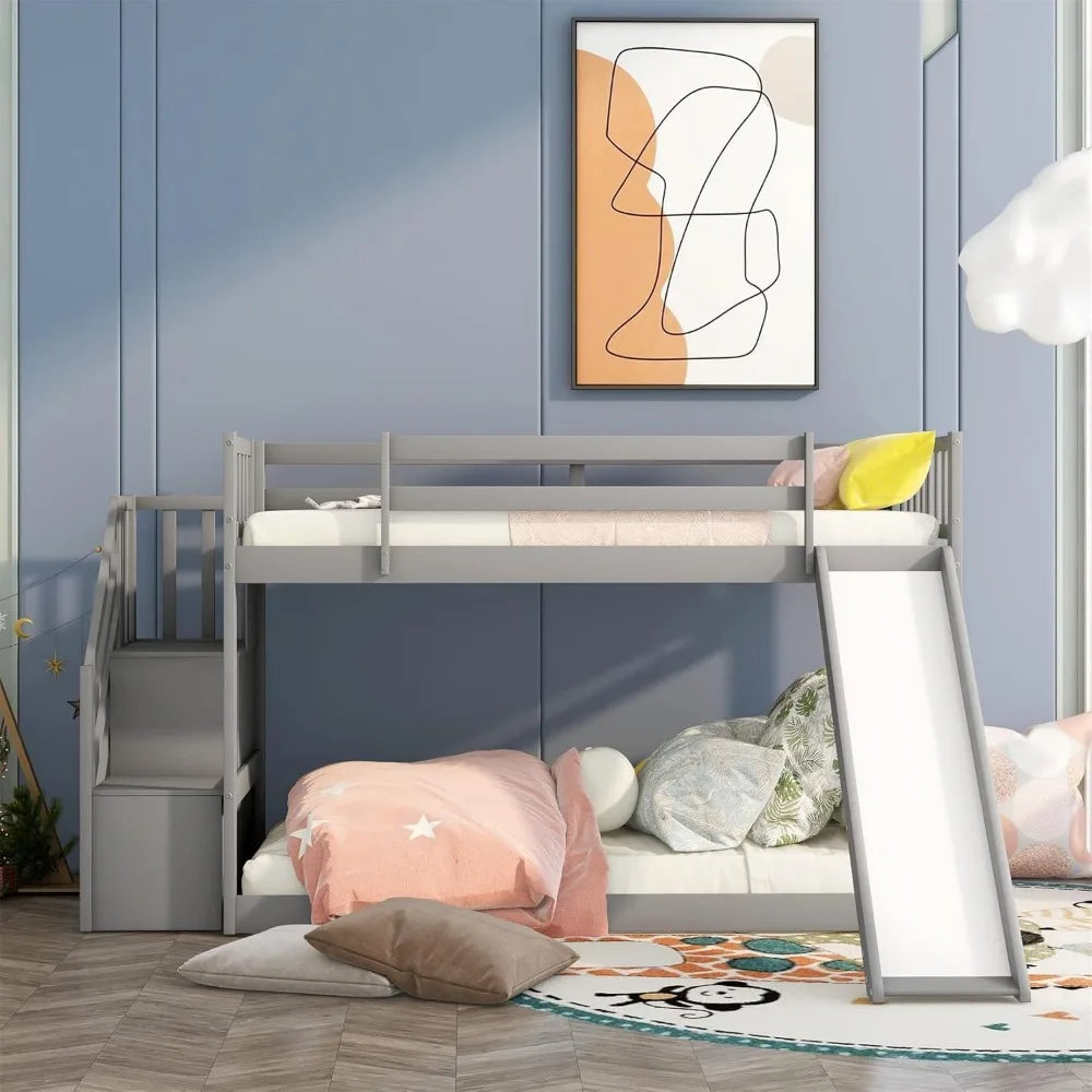Low Children's Twin Bunk Bed with Slide and Stairs