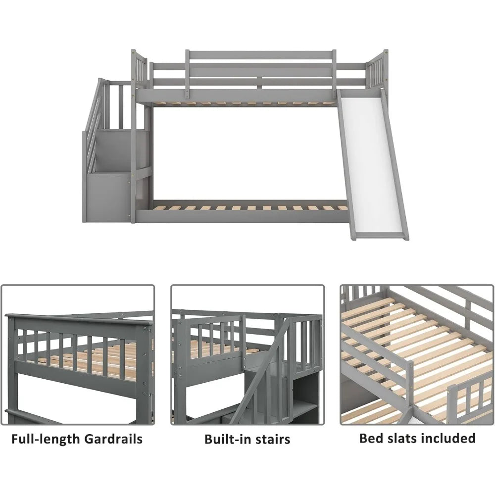 Low Children's Twin Bunk Bed with Slide and Stairs