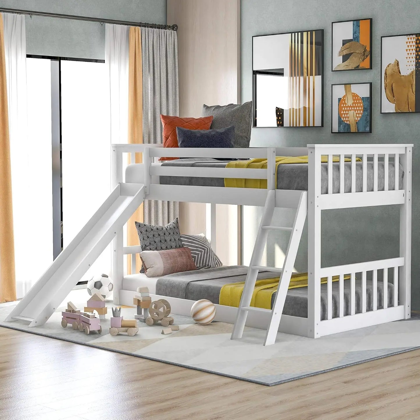 Low Children's Twin Bunk Bed with Slide and Stairs