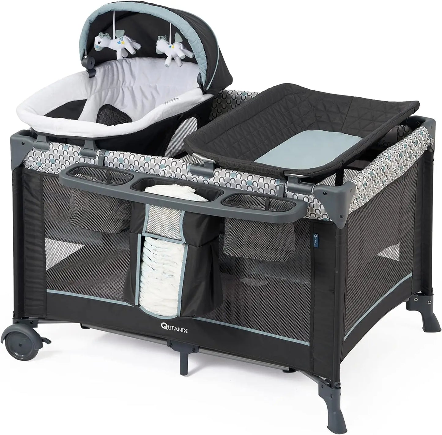 5 in 1 Multifunctional Pack and Play, Foldable Baby Crib with Bassinet, Newborn Napper with Canopy