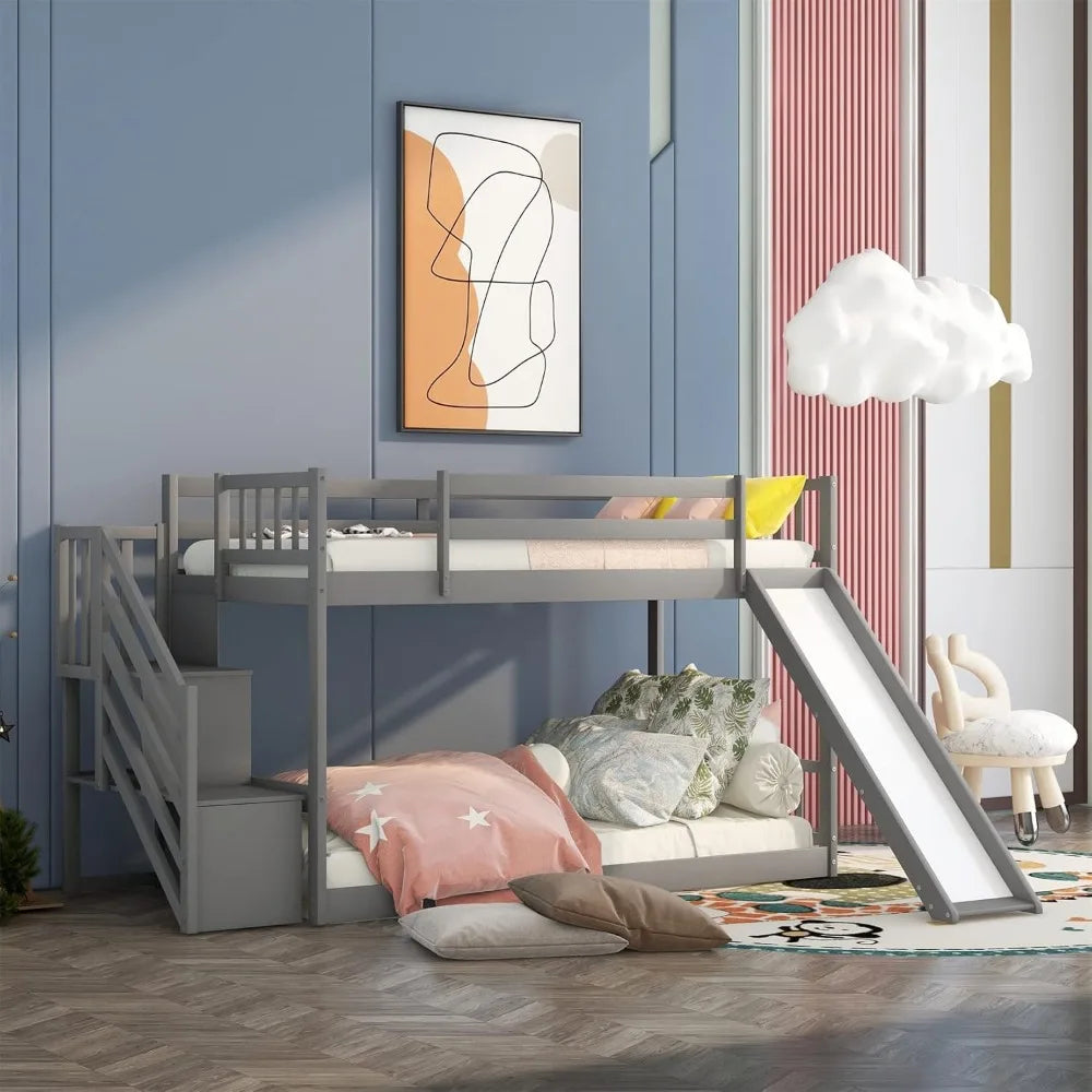 Low Children's Twin Bunk Bed with Slide and Stairs