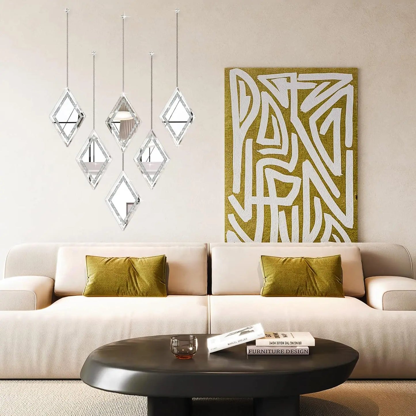 Diamond Decorative Wall Mirror, Set of 6, Wall Mounted Hanging Chain Frameless Crushed Mirror for Home Decor Living Room(Silver)