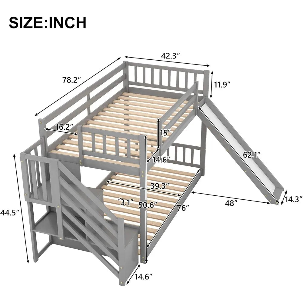 Low Children's Twin Bunk Bed with Slide and Stairs