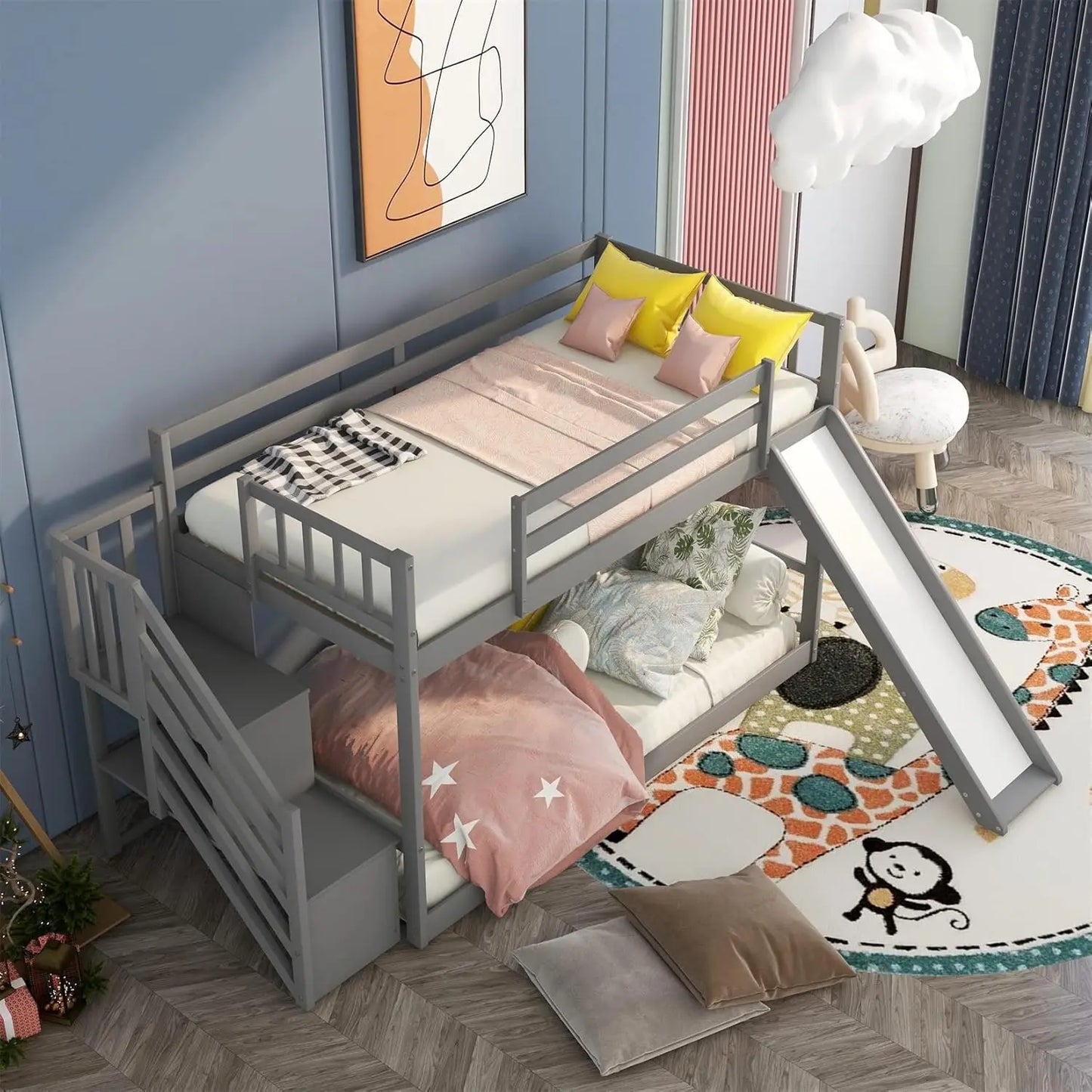 Low Children's Twin Bunk Bed with Slide and Stairs