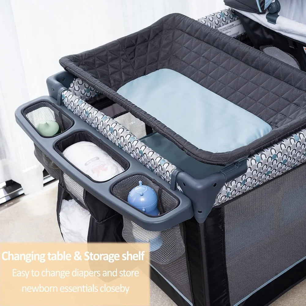 5 in 1 Multifunctional Pack and Play, Foldable Baby Crib with Bassinet, Newborn Napper with Canopy
