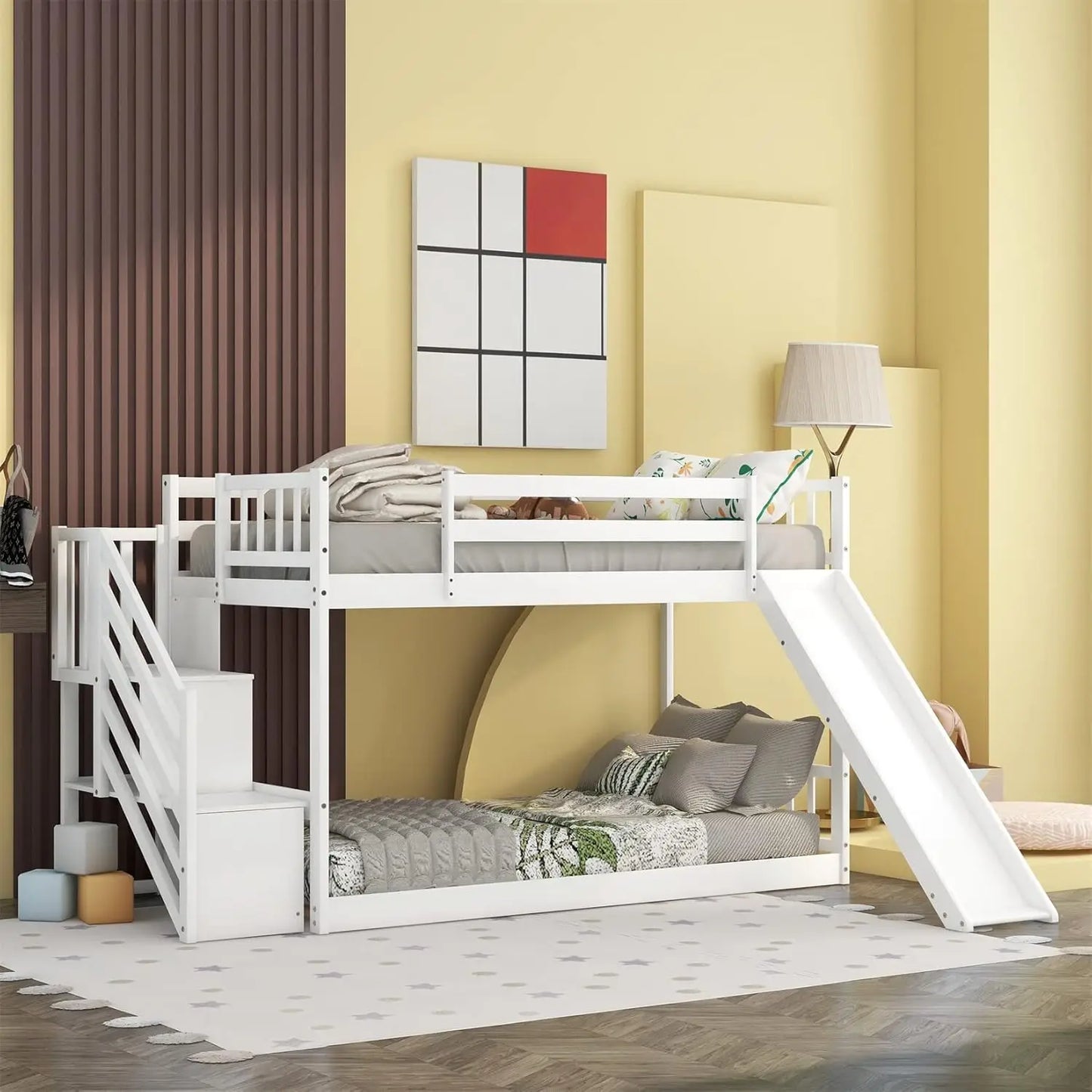 Low Children's Twin Bunk Bed with Slide and Stairs