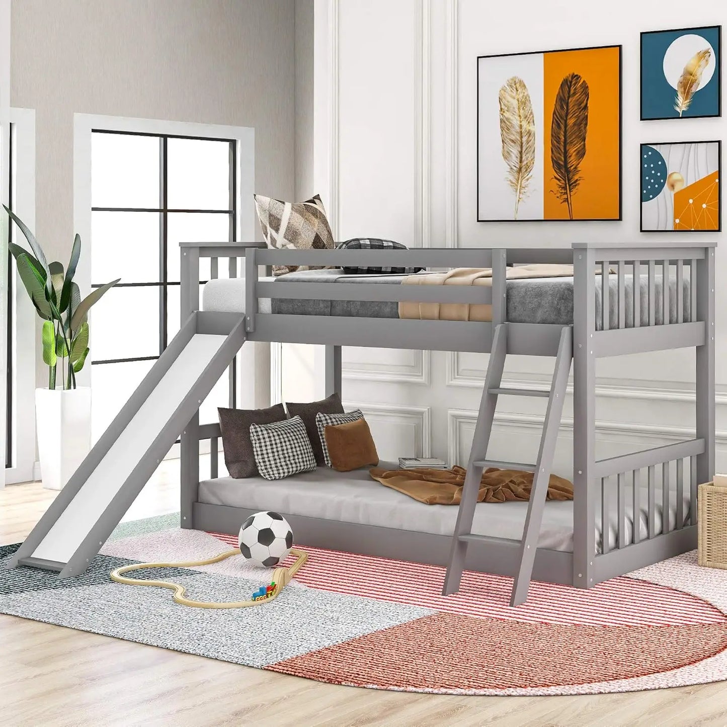 Low Children's Twin Bunk Bed with Slide and Stairs