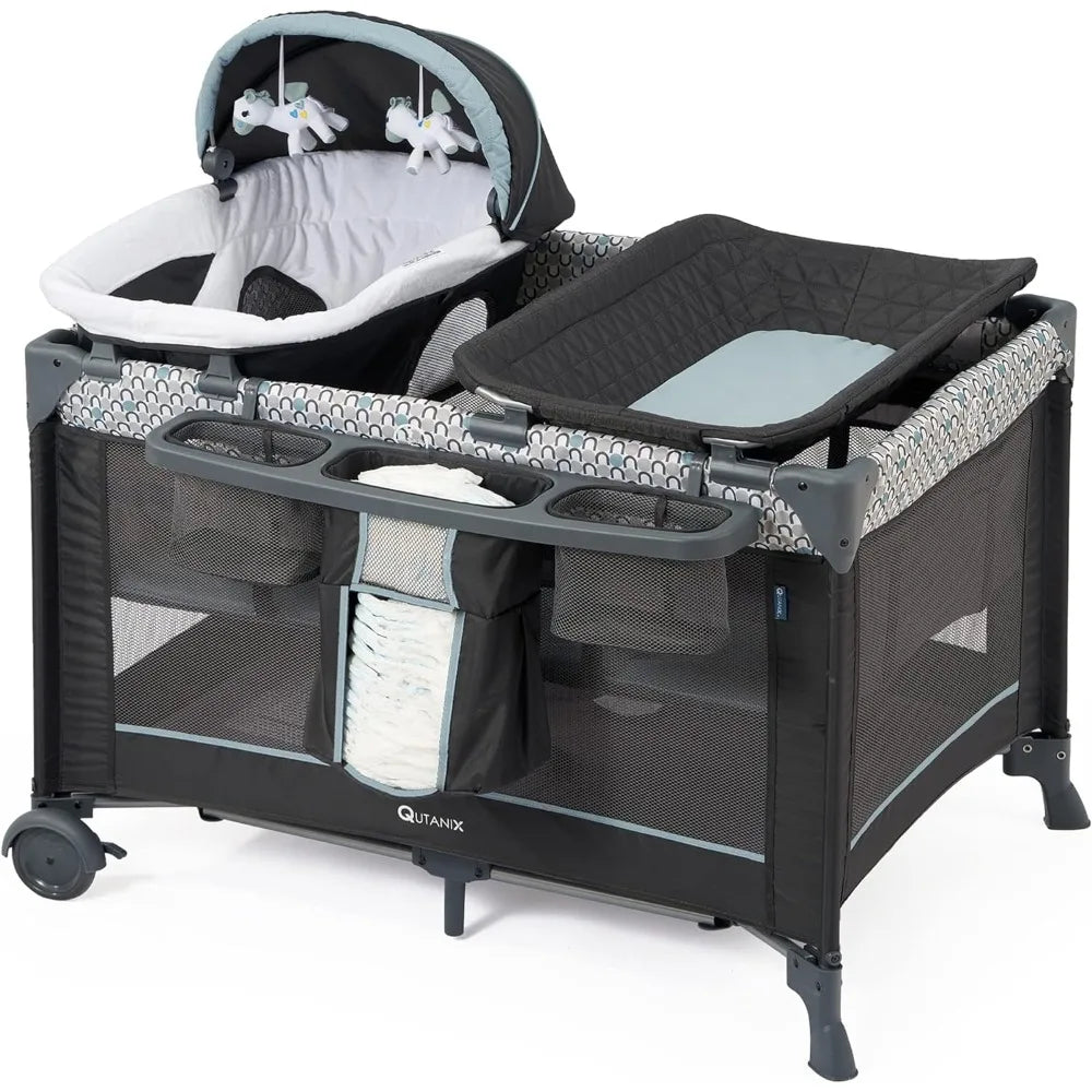 5 in 1 Multifunctional Pack and Play, Foldable Baby Crib with Bassinet, Newborn Napper with Canopy