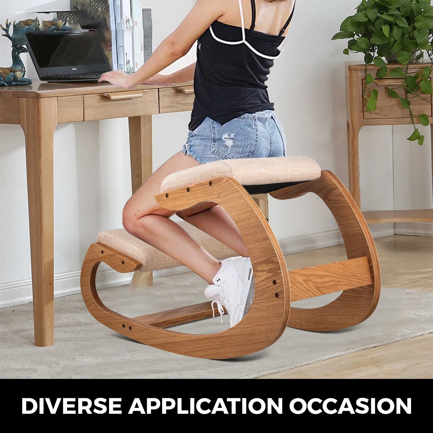 Ergonomic Rocking Wooden Computer Stool with Thick Cushion