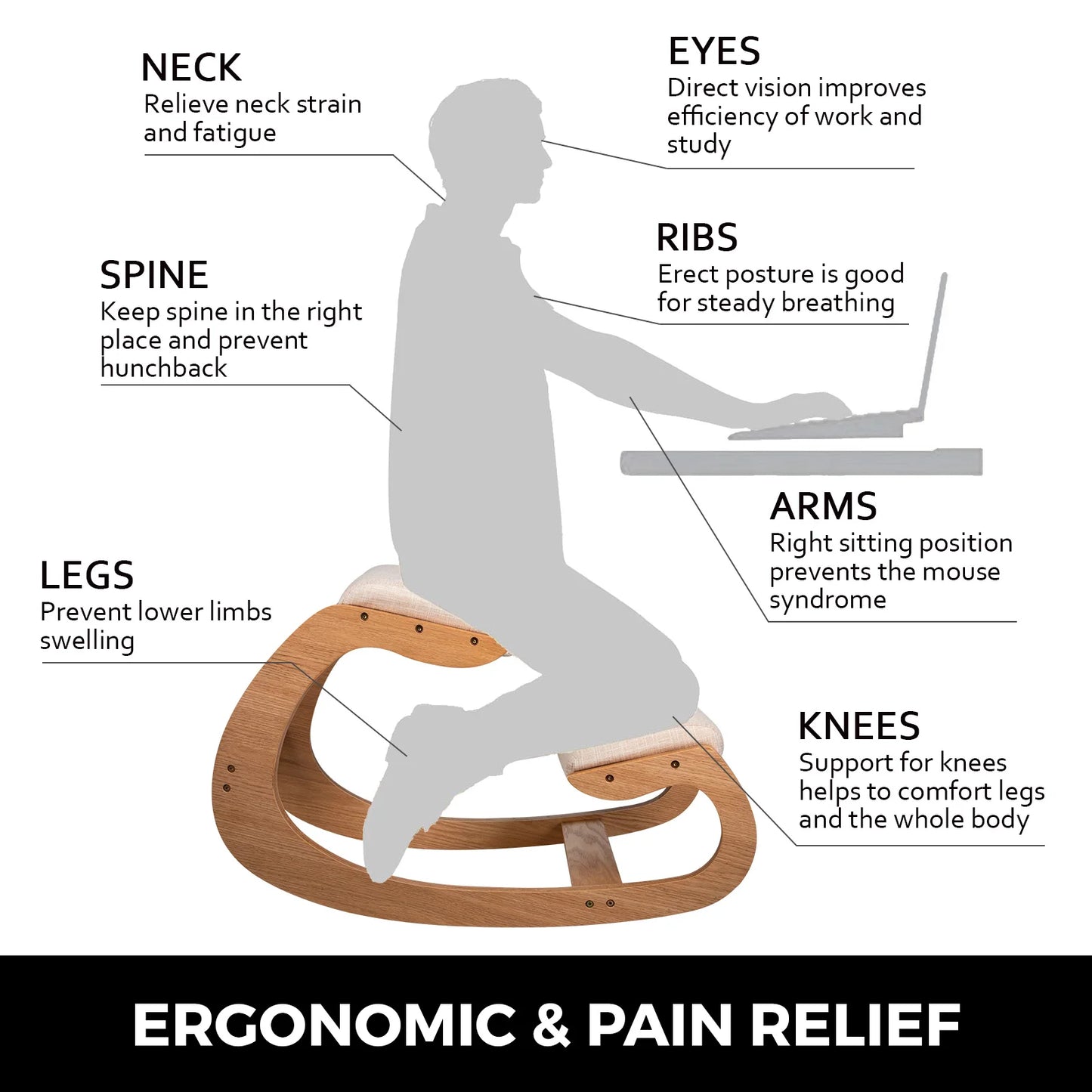 Ergonomic Rocking Wooden Computer Stool with Thick Cushion