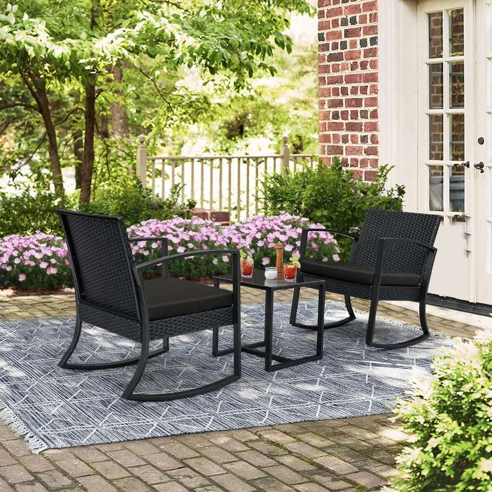 3 Piece Outdoor Patio Set with Bistro Rocking Chairs and Glass Coffee Table