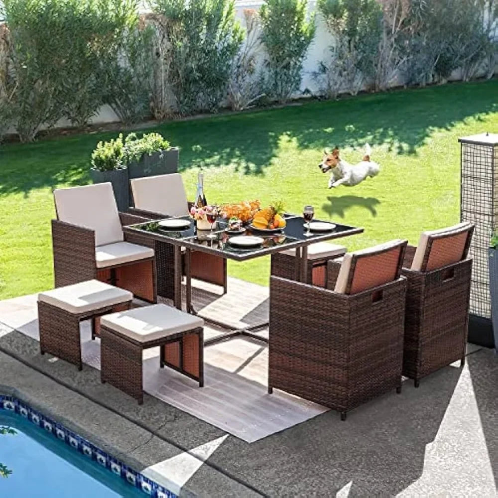 9 Piece Dining Outdoor Patio Furniture - Wicker Rattan Chairs and Tempered Glass Table