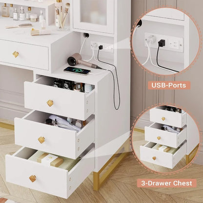 White Luxury Makeup Table with Storage Shelves and 5 Drawers