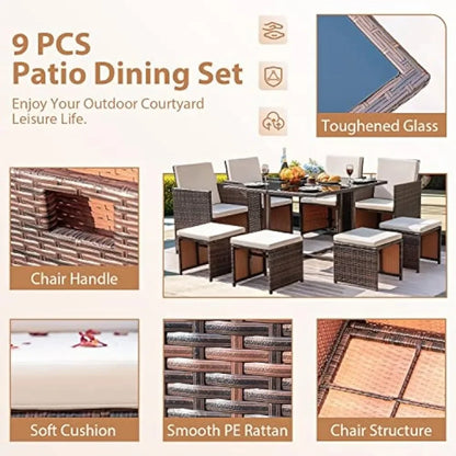 9 Piece Dining Outdoor Patio Furniture - Wicker Rattan Chairs and Tempered Glass Table