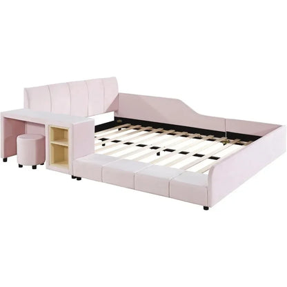 Upholstered Platform Bed, Queen Size, with Bedside Desk