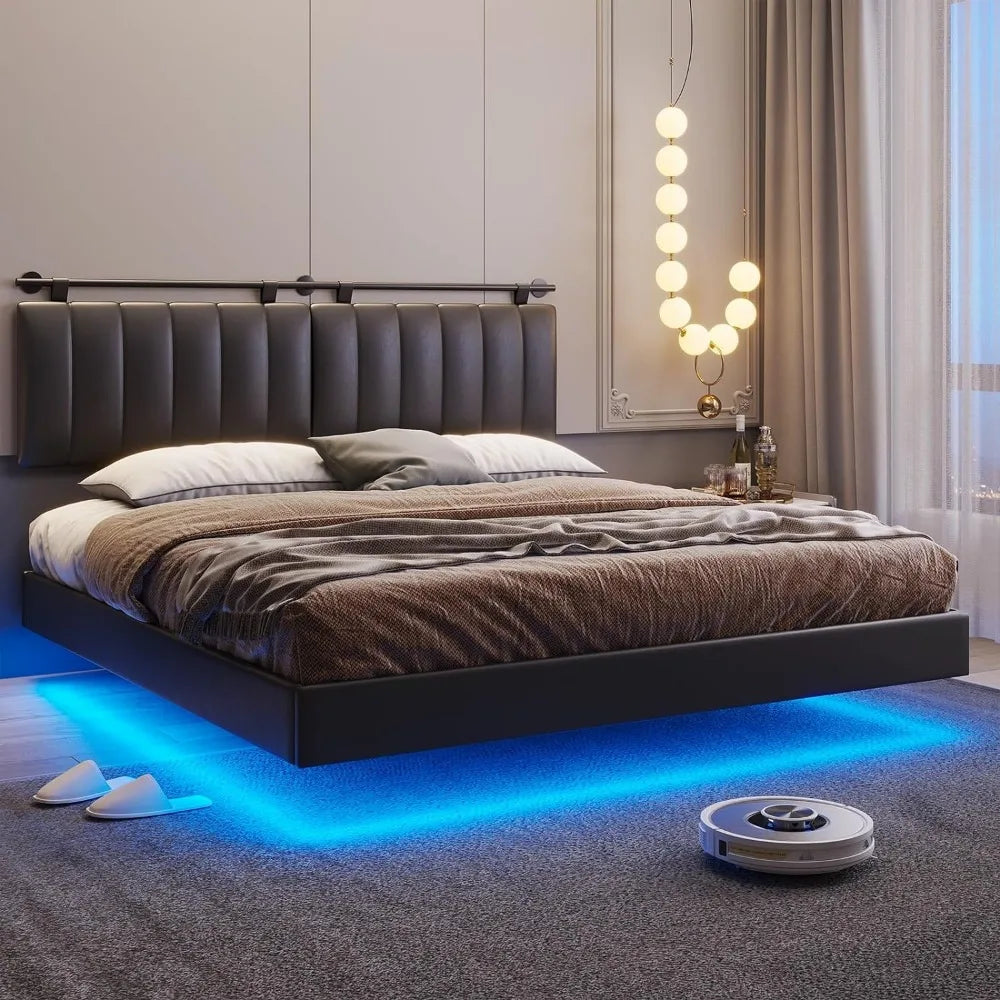 Floating Leather Bed Frame with LED Lights