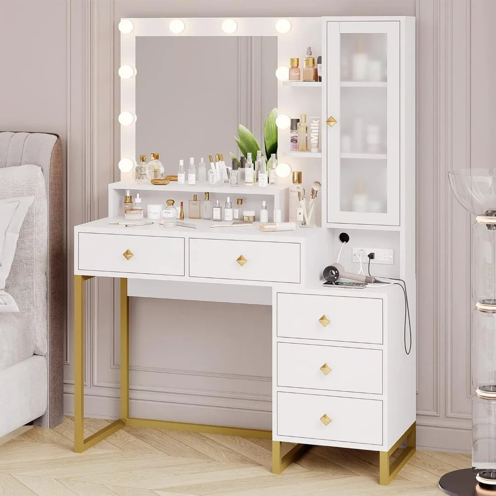 White Luxury Makeup Table with Storage Shelves and 5 Drawers