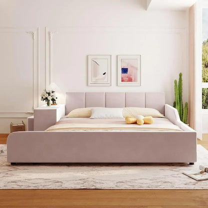 Upholstered Platform Bed, Queen Size, with Bedside Desk