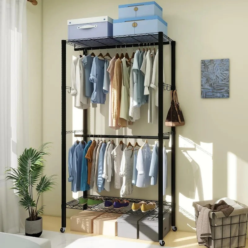 Heavy Duty Rolling Clothes Rack,Freestanding Wardrobe Storage Clothing Rack with Lockable Wheels, Adjustable 3 Tiers Wire