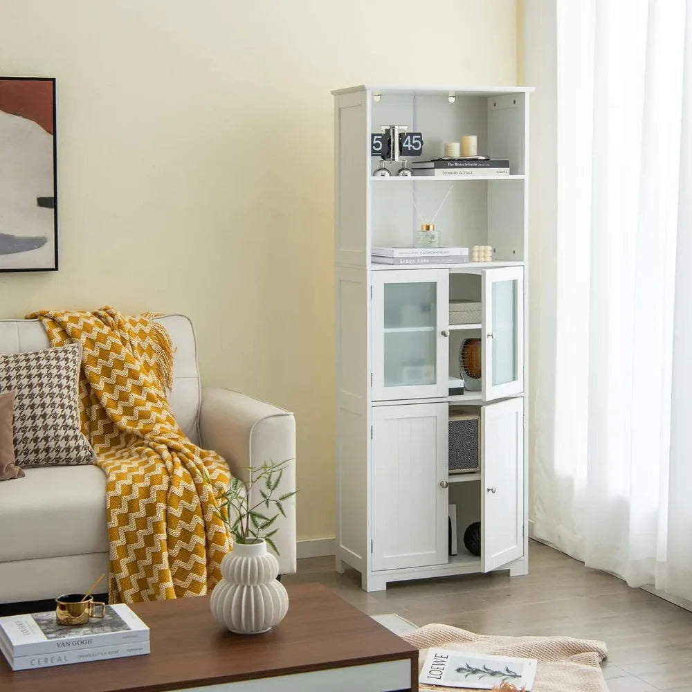 Tall Storage Cabinet w/2 Glass Doors & 3-Position Adjustable Shelves