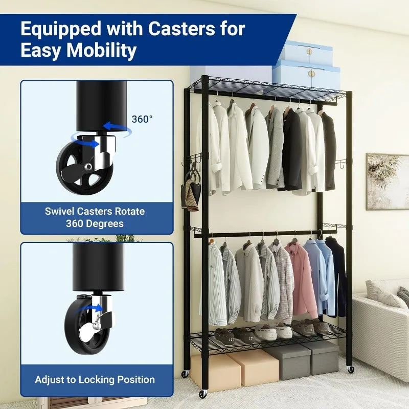 Heavy Duty Rolling Clothes Rack,Freestanding Wardrobe Storage Clothing Rack with Lockable Wheels, Adjustable 3 Tiers Wire