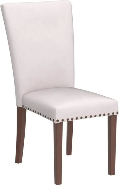 Set of 4 Beige Upolstered Parsons Chairs with Nailhead Trim and Wood Legs