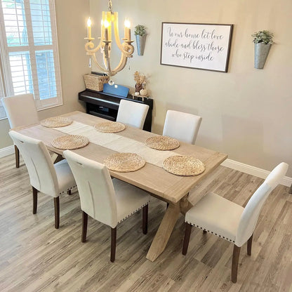 Set of 4 Beige Upolstered Parsons Chairs with Nailhead Trim and Wood Legs