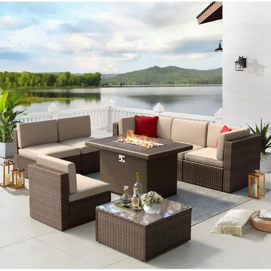 8 Pc Patio Furniture Set With 40" Fire Pit Table, Wicker Sectional Sofa