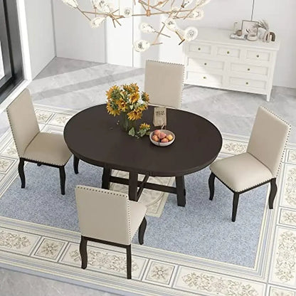 Round Extendable Dining Table Set with 4 Upholstered Chairs Elegant Farmhouse Kitchen Furniture