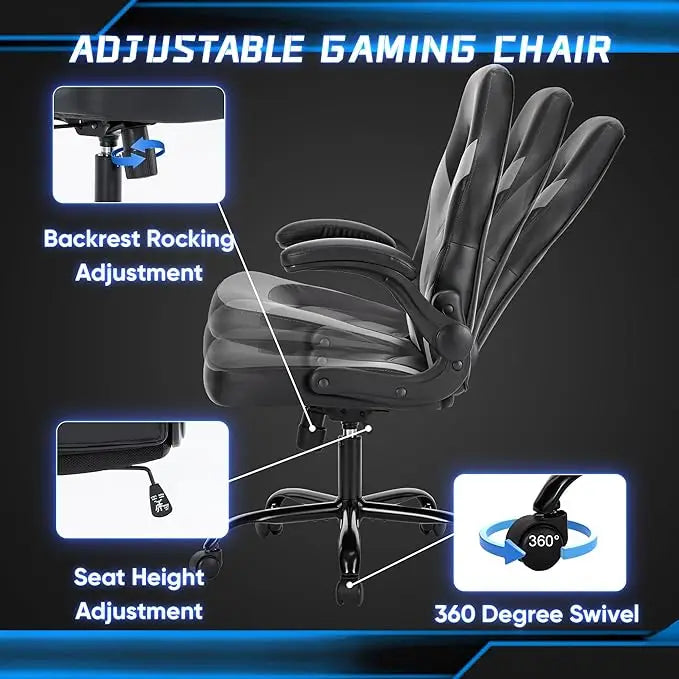 Leather Office or Gaming Chair with Adjustable, Swivels and Flip-up Arms, Black-Grey