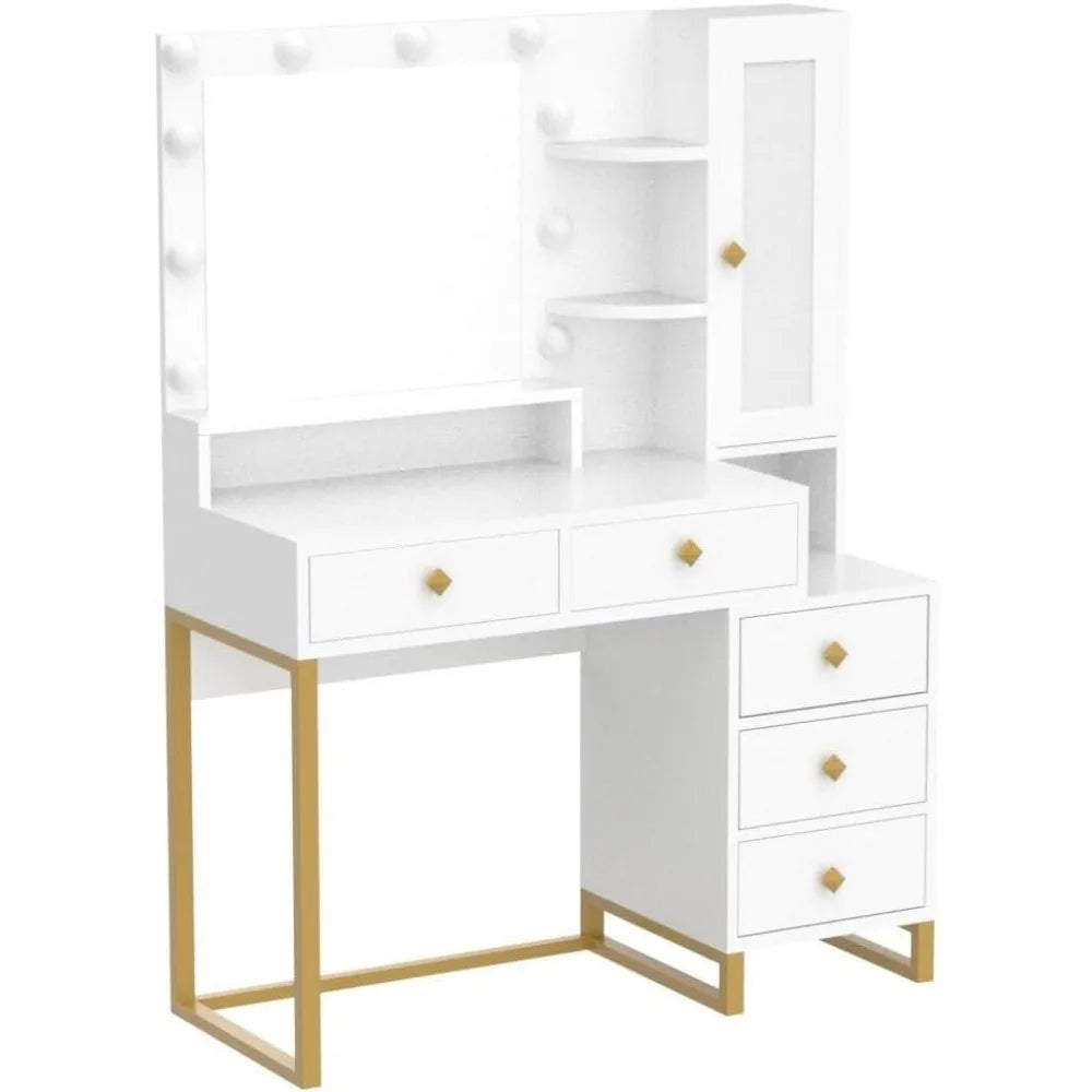 White Luxury Makeup Table with Storage Shelves and 5 Drawers