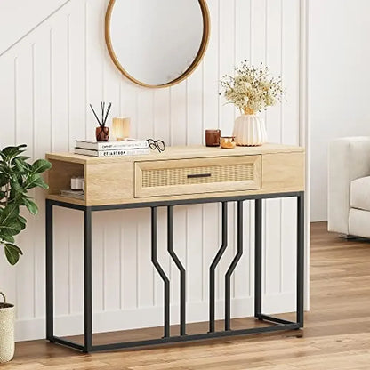 39" Rattan Console Table with Storage Drawer Behind Couch or Entryway