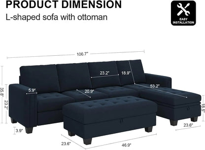 Velvet 4-Seat L Shaped Sectional Sofa w/Chaise and Storage Ottoman