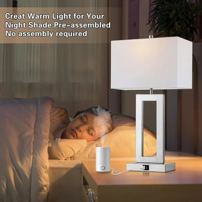 2 Silver Dimmable Table Lamps Set with Dual USB Ports