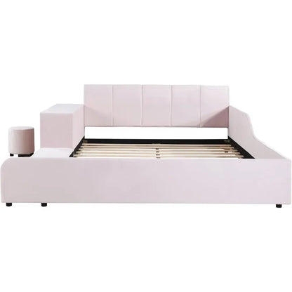 Upholstered Platform Bed, Queen Size, with Bedside Desk