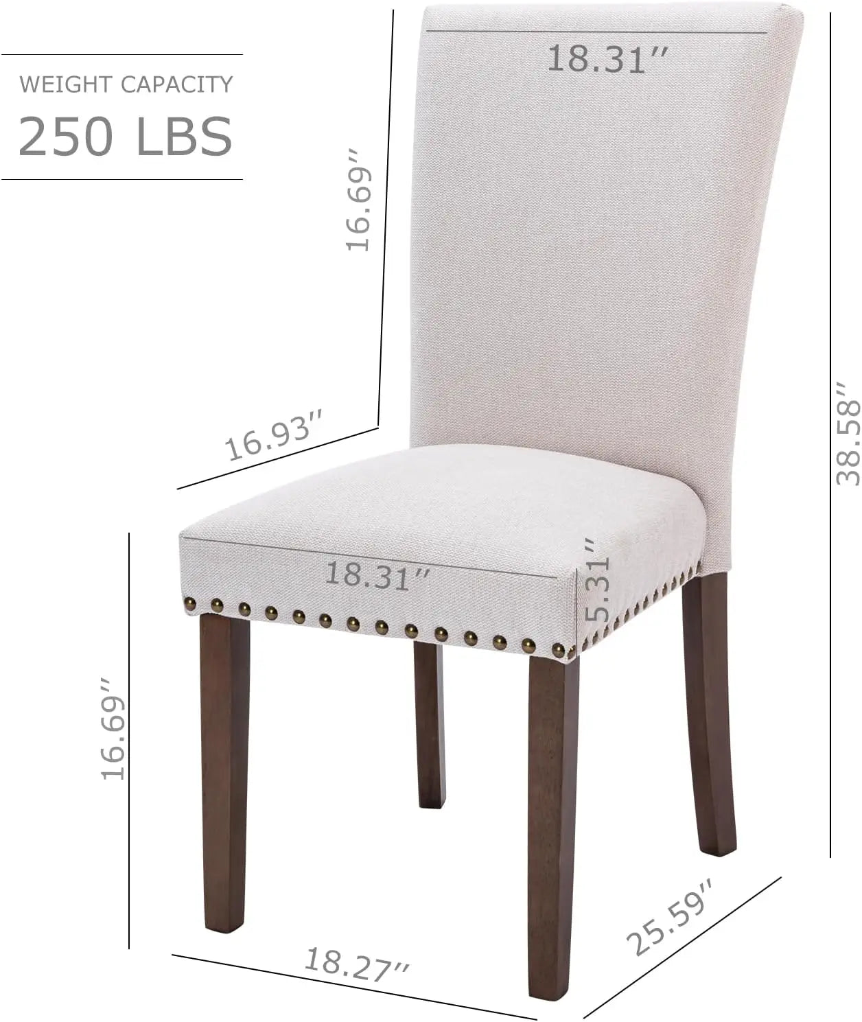 Set of 4 Beige Upolstered Parsons Chairs with Nailhead Trim and Wood Legs