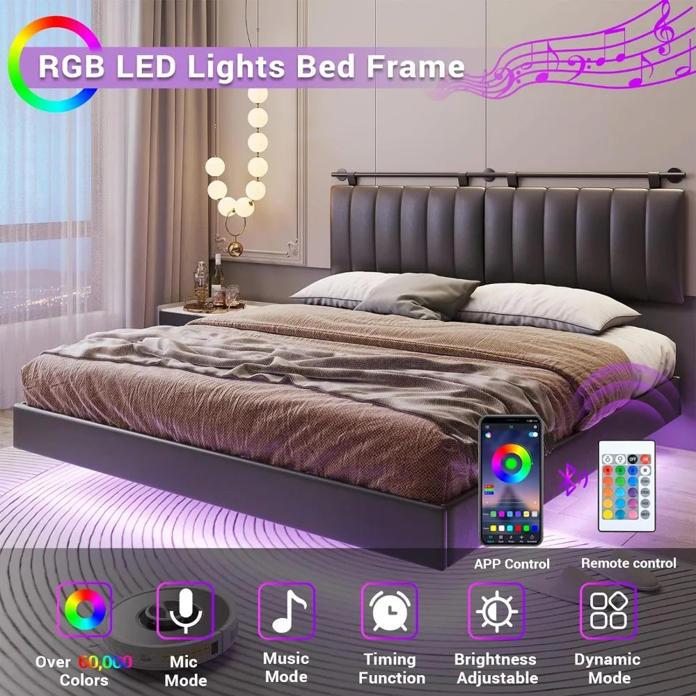 Floating Leather Bed Frame with LED Lights