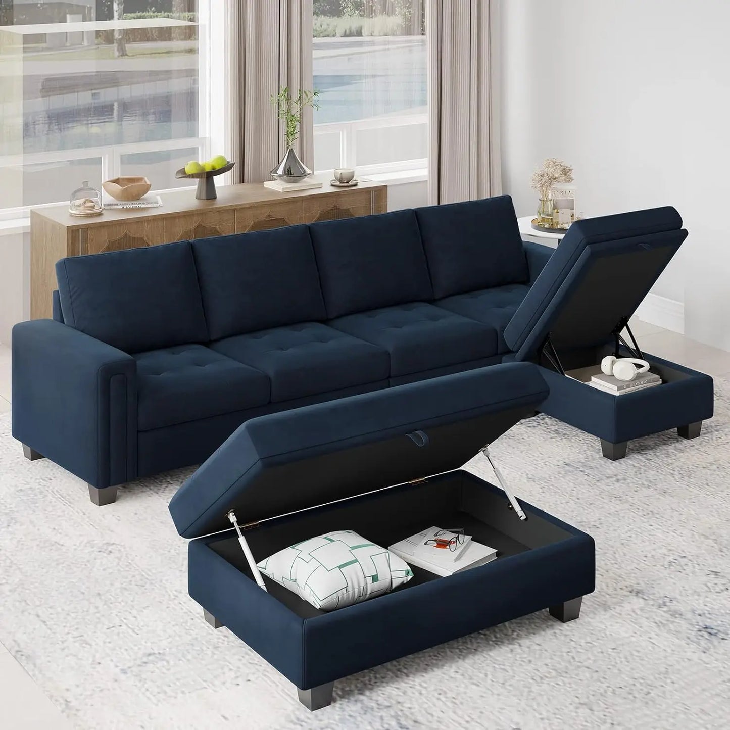 Velvet 4-Seat L Shaped Sectional Sofa w/Chaise and Storage Ottoman