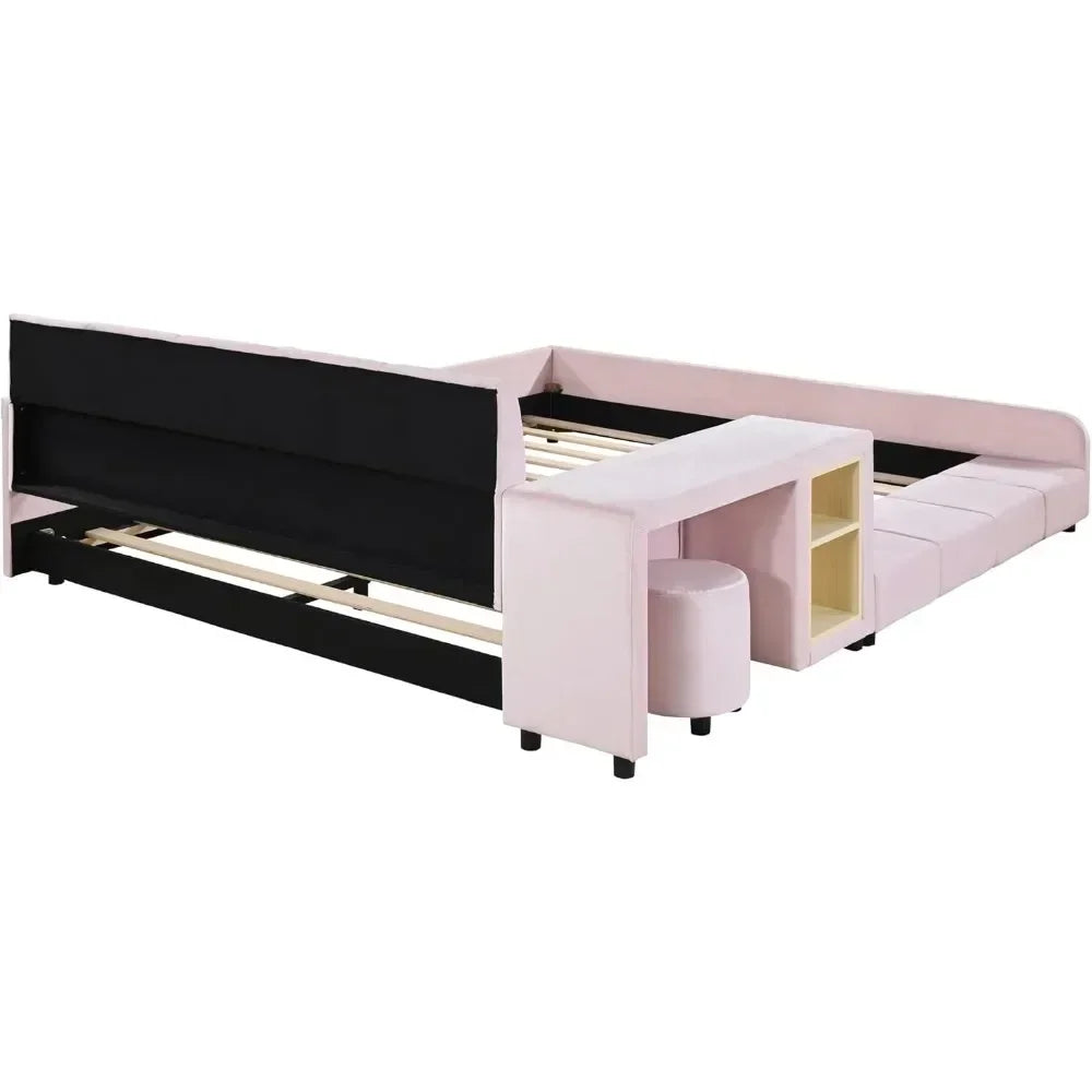 Upholstered Platform Bed, Queen Size, with Bedside Desk