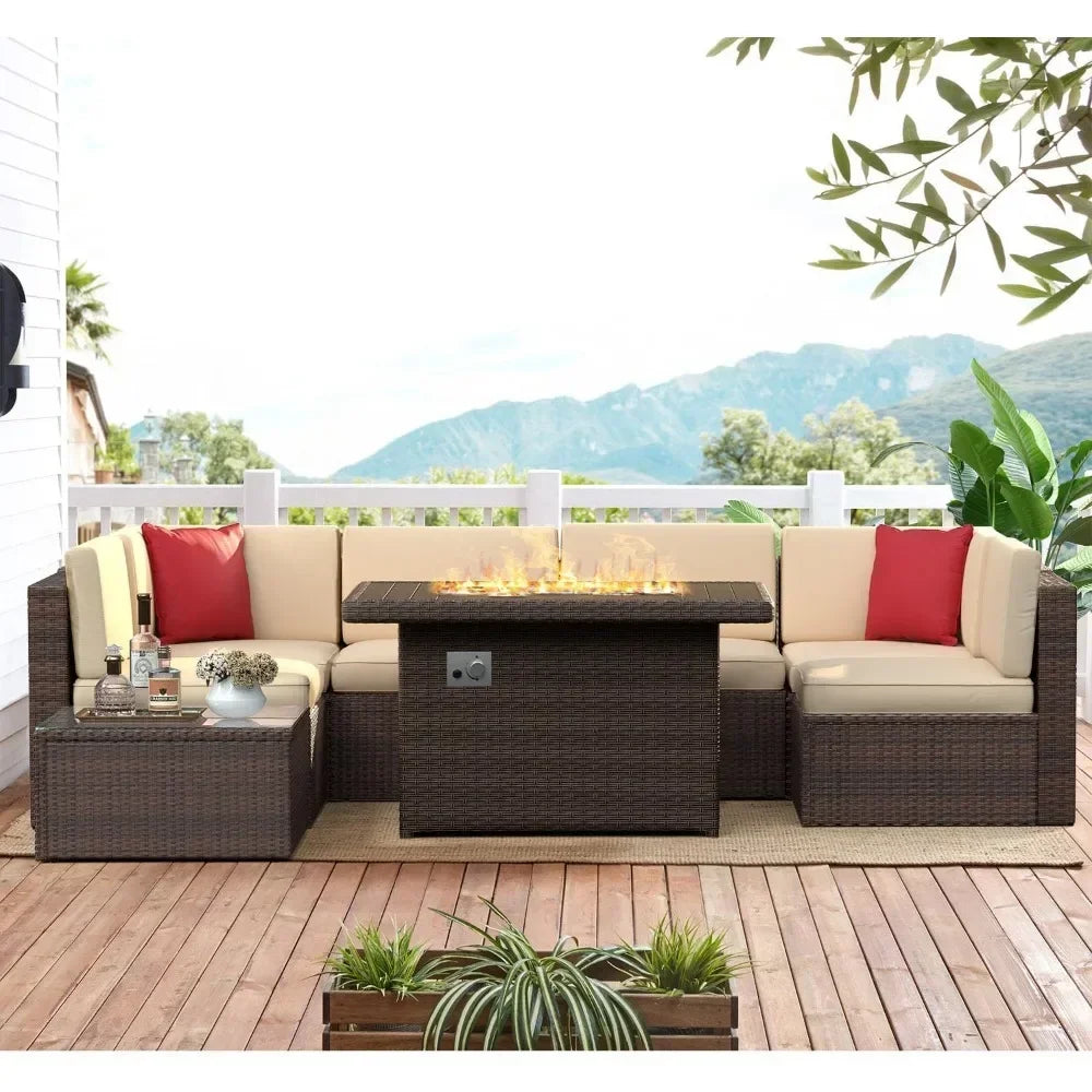 8 Pc Patio Furniture Set With 40" Fire Pit Table, Wicker Sectional Sofa