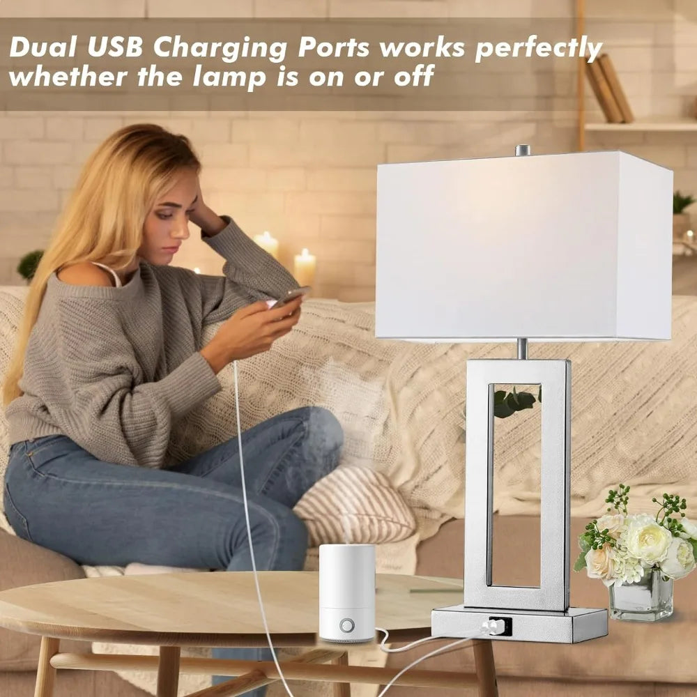 2 Silver Dimmable Table Lamps Set with Dual USB Ports