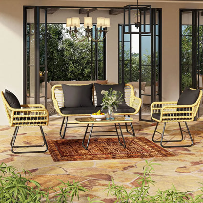 4-Piece Wicker Patio Bistro Set for Backyard, Balcony and Deck with Soft Cushions and Metal Table